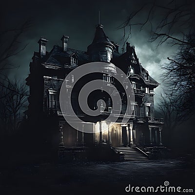 Enchanted Midnight: Creepy Manor Amidst a Dark Knight. Created using Ai Stock Photo