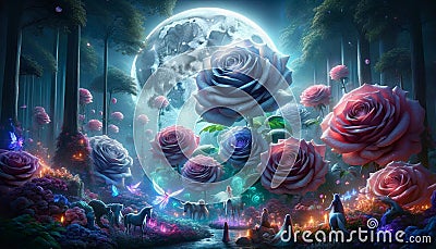 Enchanted Midnight Garden: AI-Generated Surreal Fantasy Landscape with Giant Roses and Imaginary Beasts Stock Photo