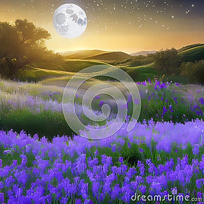 1369 Enchanted Moonlit Meadow: A magical and enchanting background featuring a moonlit meadow with glowing flowers, fireflies, a Stock Photo