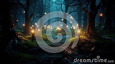 Enchanted Night Mystical Magical Forest with Glowing Lights. created with Generative AI Stock Photo