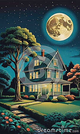 Enchanted Night: A Tree in a Garden, Moonlit Sky, and a House on the Horizon Stock Photo