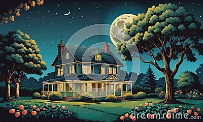 Enchanted Night: A Tree in a Garden, Moonlit Sky, and a House on the Horizon Stock Photo