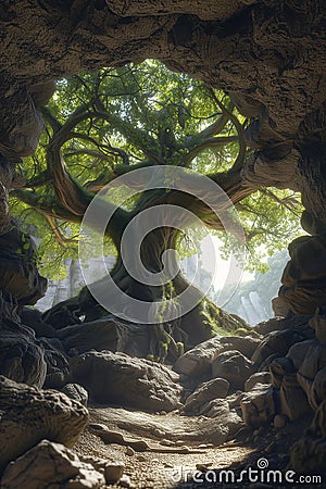 The Enchanted Oak: A Wood Elf's Life Inside a Cave of Arcane App Stock Photo