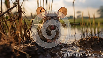 Enchanted Realism: A Charming Mouse Covered In Mud Standing In A Savannah Meadow Stock Photo