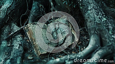 Enchanted Relic: Ancient Book Concealed by Twisting Tree Roots Stock Photo
