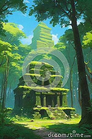 Enchanted Ruins In Lush Forest: A Gathering Place For Palm Spirits Cartoon Illustration