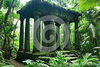 Enchanted Ruins In Lush Forest: A Gathering Place For Palm Spirits Cartoon Illustration