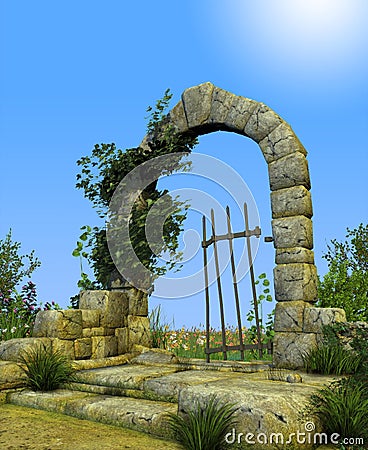 Enchanted Secret Garden Gate Arch Cartoon Illustration