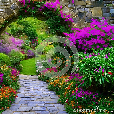 1611 Enchanted Secret Garden: A magical and enchanting background featuring a secret garden with blooming flowers, hidden paths, Stock Photo