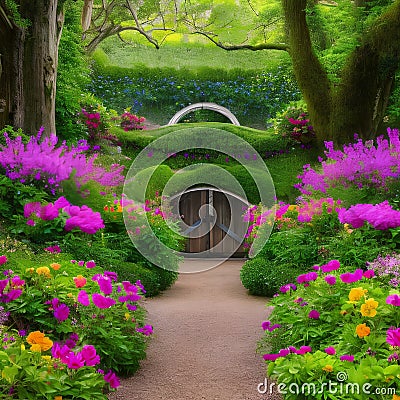 1611 Enchanted Secret Garden: A magical and enchanting background featuring a secret garden with blooming flowers, hidden paths, Stock Photo