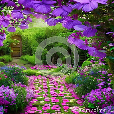 1611 Enchanted Secret Garden: A magical and enchanting background featuring a secret garden with blooming flowers, hidden paths, Stock Photo