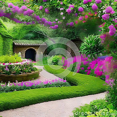 1089 Enchanted Secret Garden: A mystical and enchanting background featuring an enchanted secret garden with blooming flowers, w Stock Photo