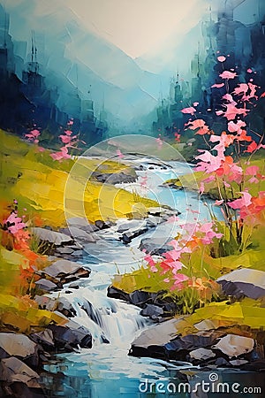 Enchanted Streams: A Dreamy Floral Landscape in Warm Rendition T Stock Photo