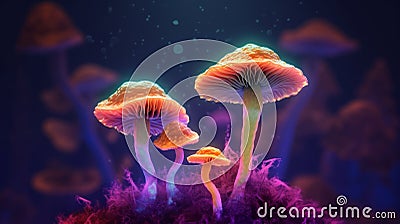 Enchanted Symphony: Exploring a Wonderland of Colorful Fungi in Purple and Yellow Stock Photo