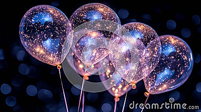 Enchanted transparent balloons, adorned with sparkling lights, float against a dark, bokehfilled background. Perfect for Stock Photo