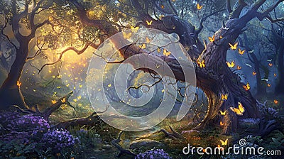 Enchanted Twiligt, Forest Alive with Illuminated Butterflies and Fallen Trunk. Generative Ai Stock Photo