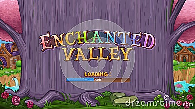 Enchanted valley with logo and magical purple tree Vector Illustration