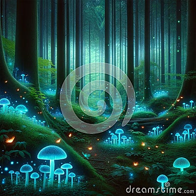 Enchanted Woodland: AI Captured Magical Forest with Glowing Mushrooms Stock Photo