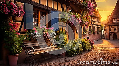 Enchanting Alsatian Wooden House with Vibrant Flower Window Boxes in Alsace, France Stock Photo