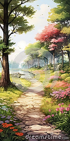 Enchanting Anime Painting: Serene Forest Path In Uhd With Romantic Riverscapes Stock Photo