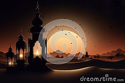 Enchanting Arabian Nights: Mosque and Lamp in the Desert. Generative AI Stock Photo