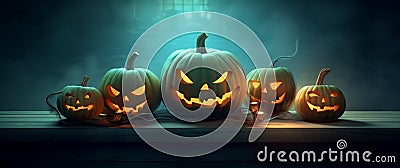 Enchanting Array of Mysterious Halloween Pumpkins in the Midnight Blue Darkness AI generated Stock Photo