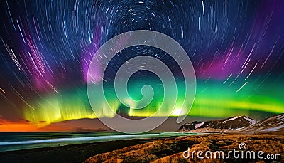Enchanting aurora displaying a vibrant array of colors in the night sky representing nature's splendor Stock Photo