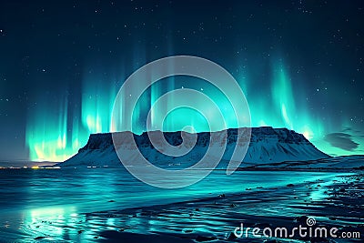 Enchanting Auroras Over Icy Reykjavik Shores. Concept Northern Lights Photography, Iceland Travel, Stock Photo