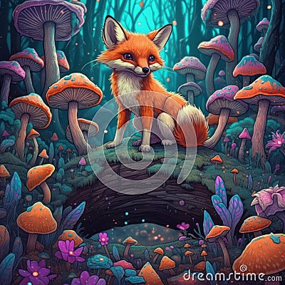 Enchanting Baby Fox Surrounded by Psychedelic Flying Mushrooms . Stock Photo