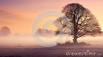 enchanting beauty of a misty morning in a rural landscape, where a tree is bathed in great lighting. Stock Photo