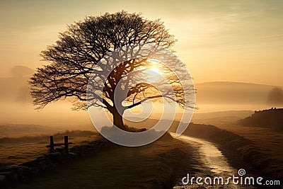 enchanting beauty of a misty morning in a rural landscape, where a tree is bathed in great lighting. Stock Photo