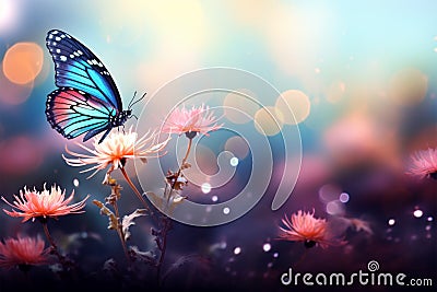 Enchanting bokeh lights complement flower background with butterfly, captivating design Stock Photo