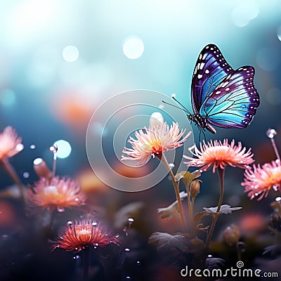 Enchanting bokeh lights complement flower background with butterfly, captivating design Stock Photo