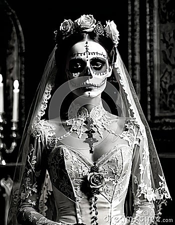 Captivating Bride in Skull Face Paint Stock Photo