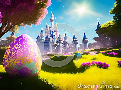 Enchanting Castle Painted Easter Egg Hunt - AI Generated Illustration Stock Photo