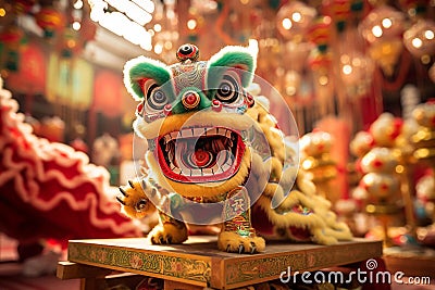 Enchanting Chinese New Year Celebration: Majestic Lion Dance Amidst Vibrant Temple Fair Stock Photo