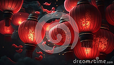 Enchanting Chinese New Year Celebration with Red Lanterns Illuminating the Night Stock Photo