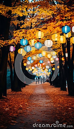 Enchanting chinese new year garden with illuminated lanterns in various shapes and sizes Stock Photo