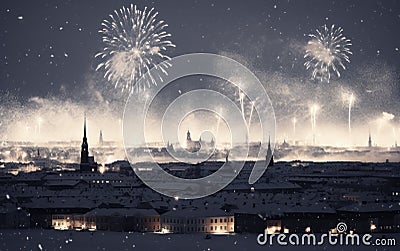 Enchanting Christmas Eve Fireworks Lighting Up the City Stock Photo