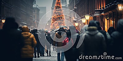 An Enchanting Christmas Tree in a Town Square Stock Photo