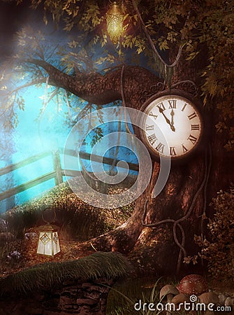 Enchanting Clock Tree Time Fantasy Cartoon Illustration