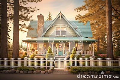 enchanting cottage amidst tall pine trees Stock Photo