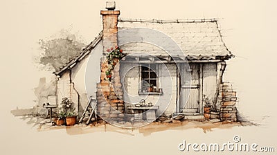 Enchanting Cottage Sketch With Delicate Flowers And Detailed Architecture Cartoon Illustration