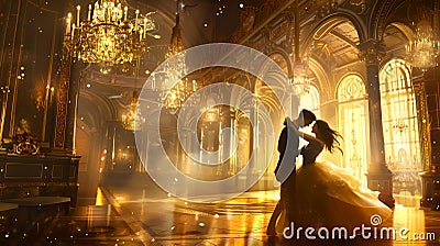 Enchanting couple dancing in a grand ballroom illuminated by golden chandeliers. elegant, romantic atmosphere for Stock Photo