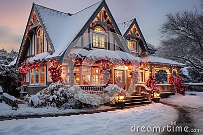 Enchanting and cozy christmas cottage with festive decorations and snowy surroundings Stock Photo