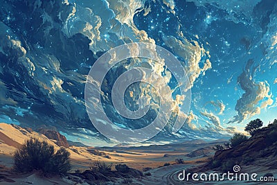 Whirling starry sandstorms, painting the desert sky with a mesmerizing celestial dance - Generative AI Stock Photo