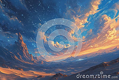 Whirling starry sandstorms, painting the desert sky with a mesmerizing celestial dance - Generative AI Stock Photo
