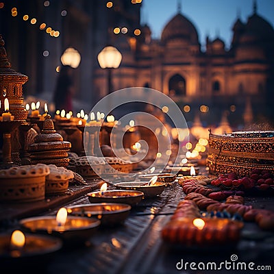 Enchanting Diwali Celebration: Vibrant Diya-lit Scene & Global Landmarks Stock Photo