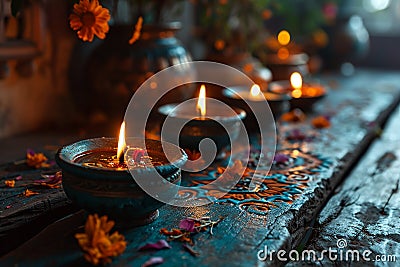 enchanting diwali setup with diyas and rangoli Stock Photo