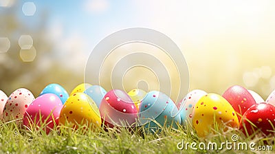 Enchanting easter banner featuring vibrant eggs in grass, sun rays, defocused background Stock Photo